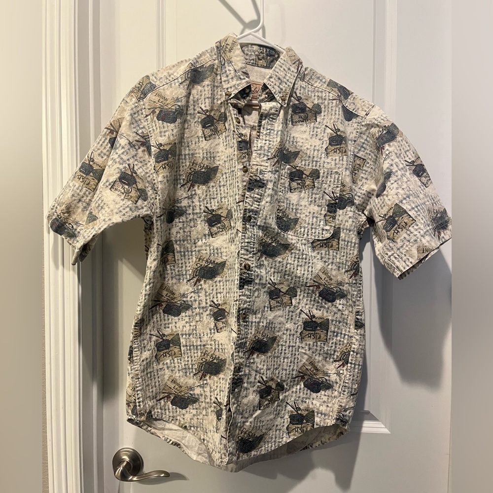 Woolrich Men's 90” Vintage Beige & Green BD  SS Outdoor Fishing Shirt Size M